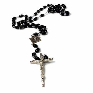 Vintage Catholic Rosary Black Oval Beads Crucifix K of C Center